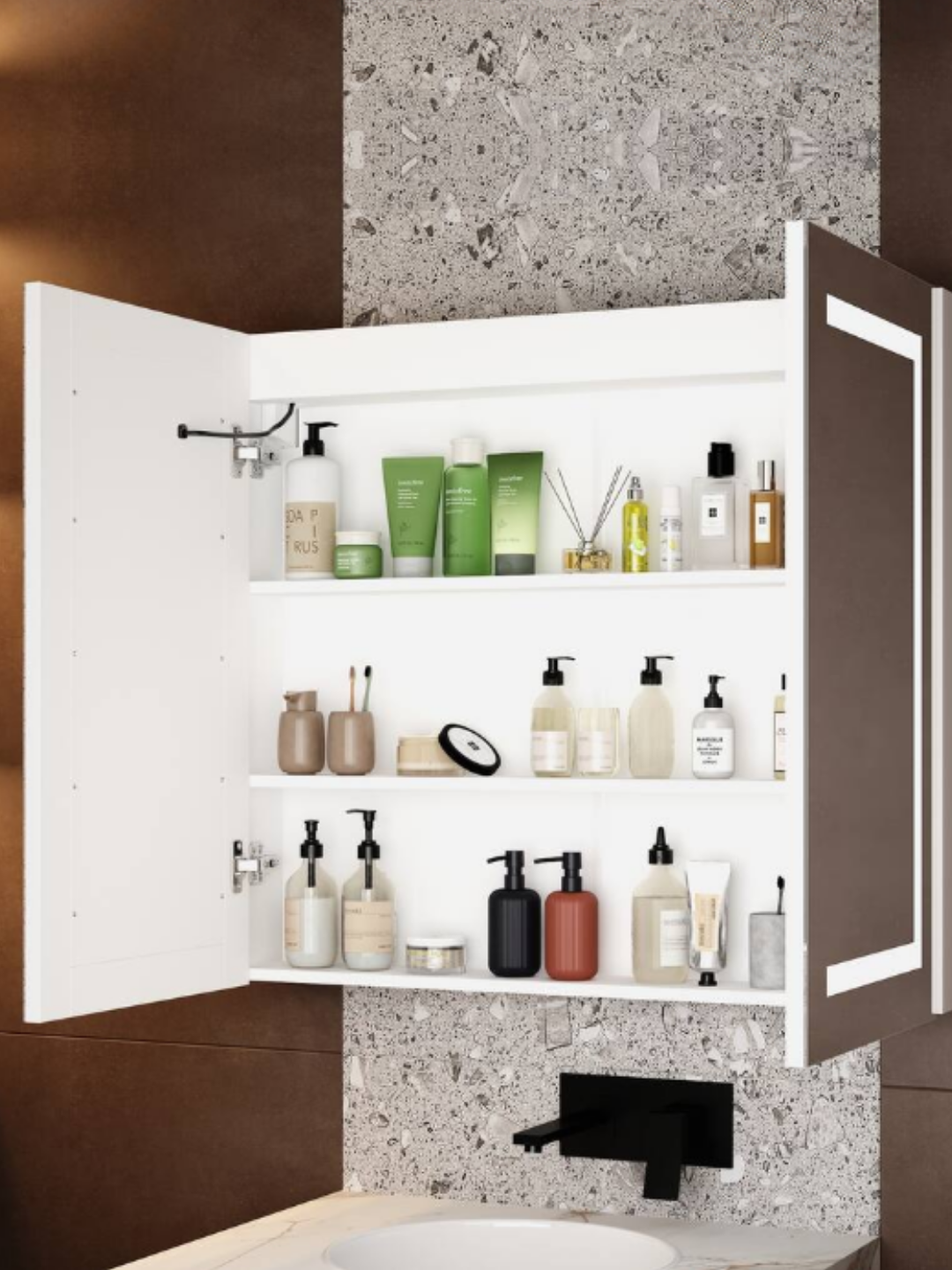 Famapy - Smart Bathroom Mirror Cabinet with LED Lighting, Anti-Fog, Hidden Storage & Modern Vanity Design opened so you can see the white inside and the shelving.