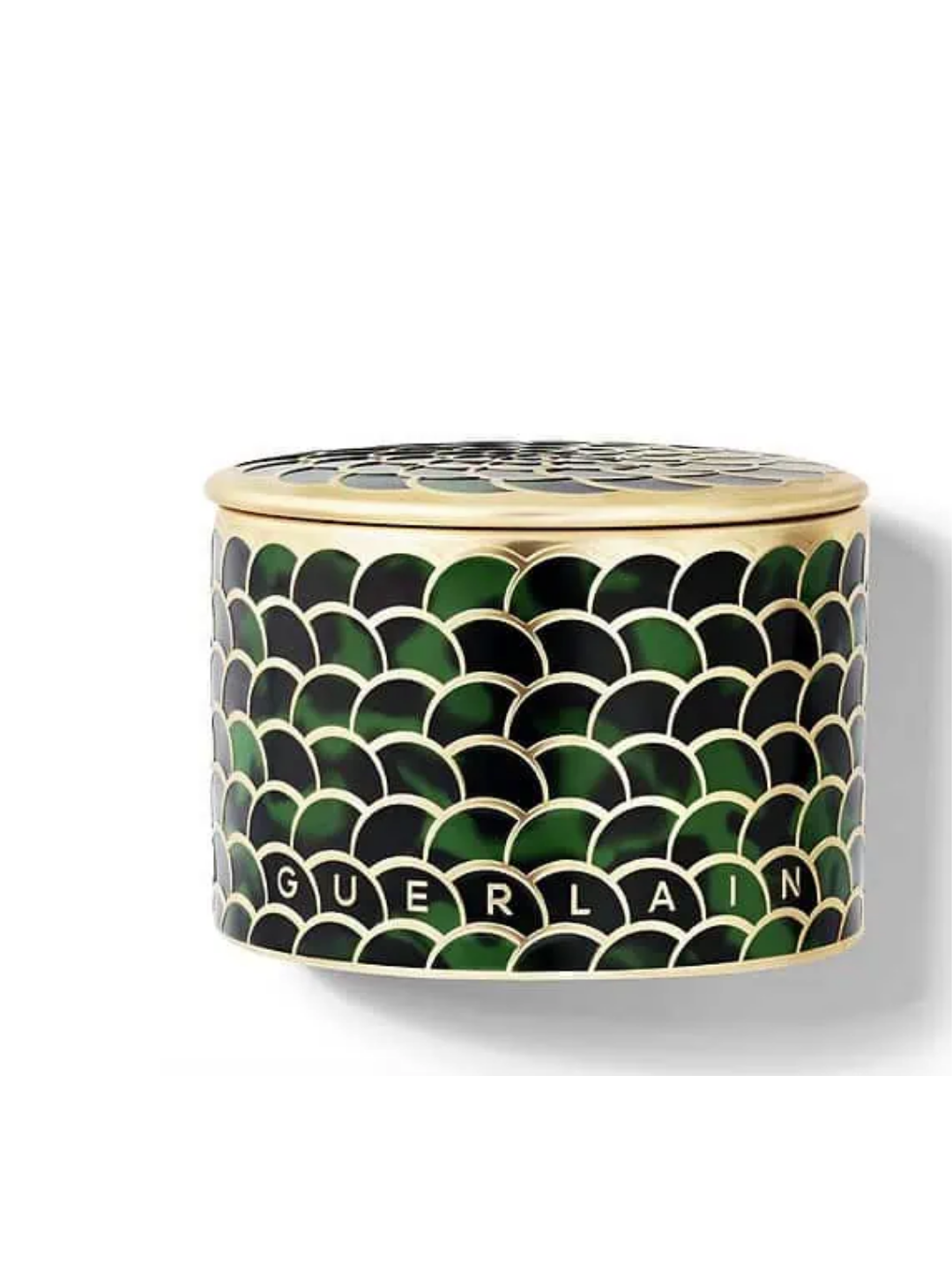 Side view of the Guerlain Meteorites Fierce Glow Powder container on a white background, featuring gold packaging with green and black scale patterns and the Guerlain name displayed across the lower part of the container.