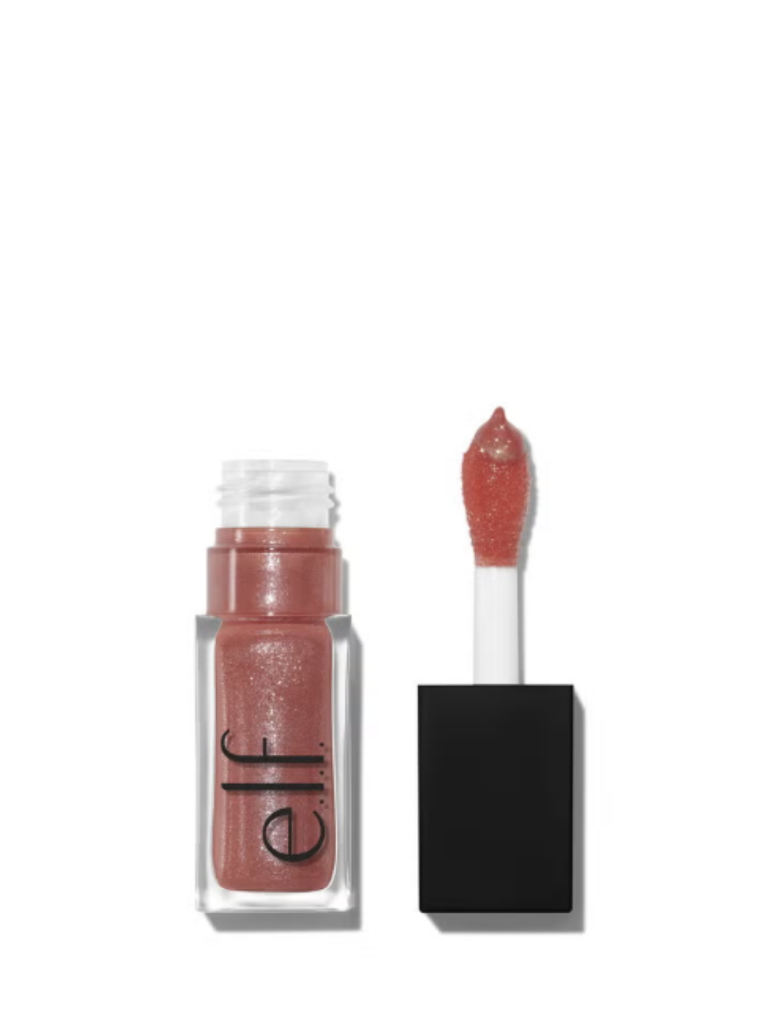 e.l.f. Glow Reviver Lip Oil Glimmer in the shade "Princess Cut" displayed upright with the applicator standing next to it on a white background, showing the shimmer-filled formula; beauty product photography.