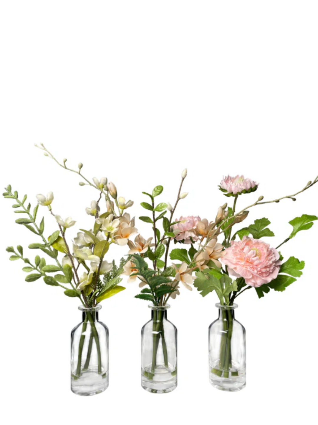 3 sets of pink flowers in glass vases on a white surface and white background.