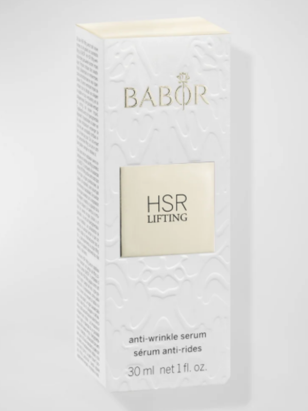 BABOR HSR LIFTING Anti-Wrinkle Serum in a white box packaging on a white background. BABOR created a forest and beekeeping sanctuary for bees to thrive and make honey.
