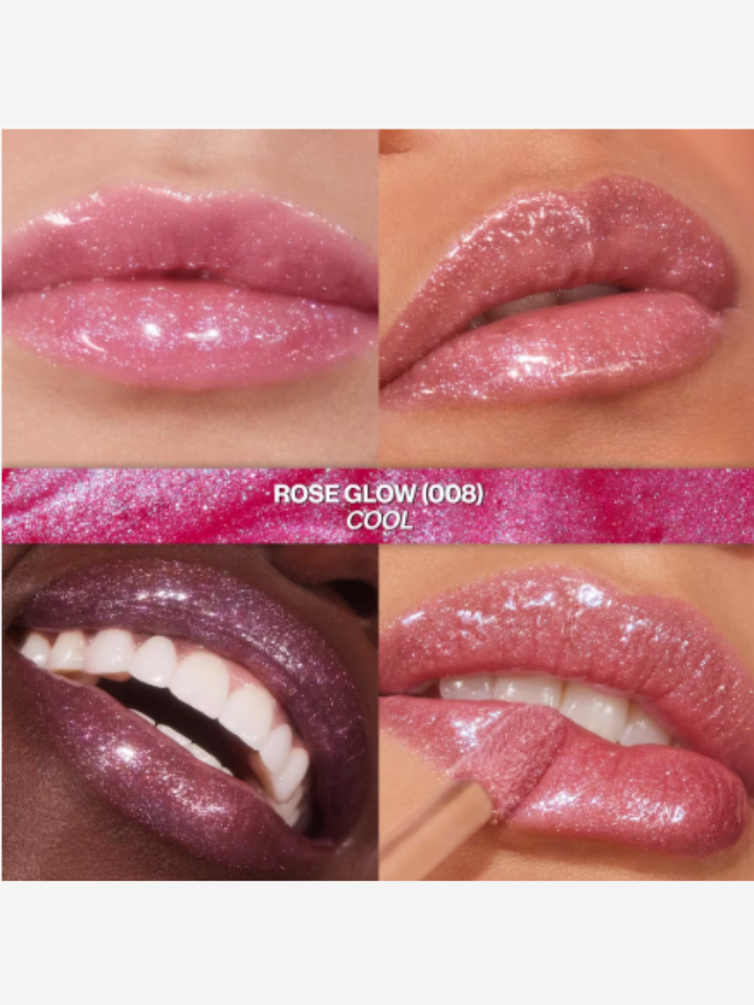 Four-square collage showing Revlon Super Lustrous Glimmer Gloss in the shade "Rose Glow 008" on light, medium, tan, and deep skin tones, highlighting the shimmer and rosy finish; beauty lip swatch comparison.
