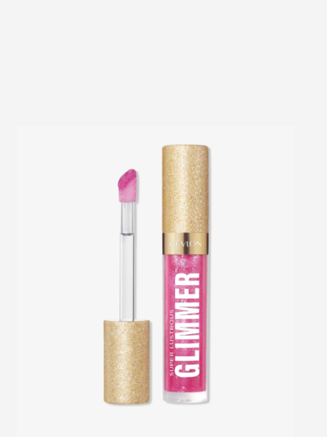 Revlon Super Lustrous Glimmer Gloss in the shade "Rose Glow 008" displayed on a white background with the gloss tube and separate applicator standing upright to show packaging and wand design; beauty product photography.