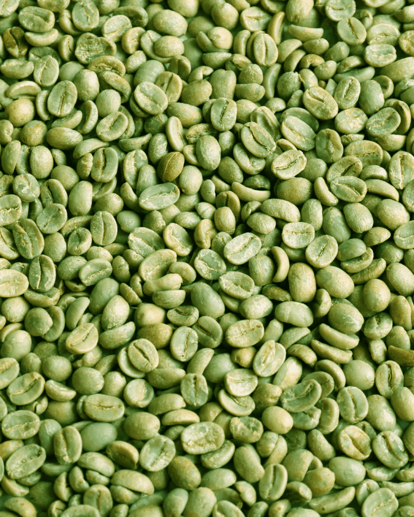 A close-up of fresh green coffee beans spread across a surface, representing antioxidant-rich ingredients commonly used in holistic skincare.