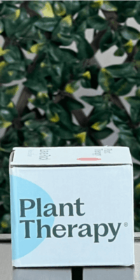 Side of Plant Therapy Lava Stone Passive Diffuser box in white packaging, displayed outdoors on a table with lattice and ivy in the background. The design features the blue half of the circular graphic from the front and bold text that read "Plant Therapy."