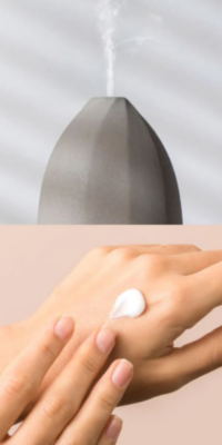 Two- part image showing ways to use Plant Therapy essential oils. The top half shows a gray dome-shaped diffuser releasing mist against a soft gray background. The bottom half shows a close-up of a hand applying lotion on a light pink background, suggesting adding essential oils to lotion for a custom scent.