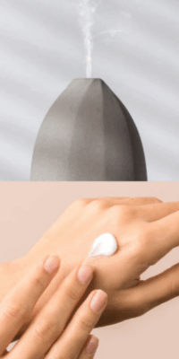Two- part image showing ways to use Plant Therapy essential oils. The top half shows a gray dome-shaped diffuser releasing mist against a soft gray background. The bottom half shows a close-up of a hand applying lotion on a light pink background, suggesting adding essential oils to lotion for a custom scent.