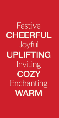 Red background image featuring festive mood words in various fonts, including "festive", "cheerful", "joyful', "uplifting", 'inviting", "cozy", "enchanting", and "warm", describing the feelings and atmosphere of the essential oil blends from Plant Therapy.