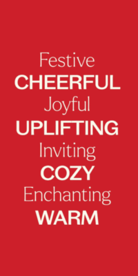 Red background image featuring festive mood words in various fonts, including "festive", "cheerful", "joyful', "uplifting", 'inviting", "cozy", "enchanting", and "warm", describing the feelings and atmosphere of the essential oil blends from Plant Therapy.