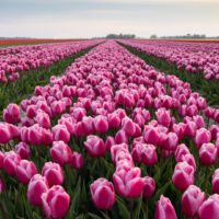 A wide field of vibrant pink tulips stretches out in neat rows with waking paths between them on a tulip farm, all under a clear, mild sky, creating a peaceful scene that invites a moment of self-care in nature.